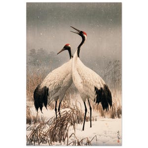 May include: A print featuring two red-crowned cranes standing in a snowy field with dry grasses. The birds have white bodies, black wing feathers, and red patches on their heads. The background shows a soft, gray, overcast winter sky.