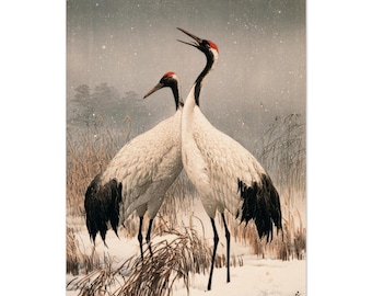 May include: A print featuring two red-crowned cranes standing in a snowy field with dry grasses. The birds have white bodies, black wing feathers, and red patches on their heads. The background shows a soft, gray, overcast winter sky.