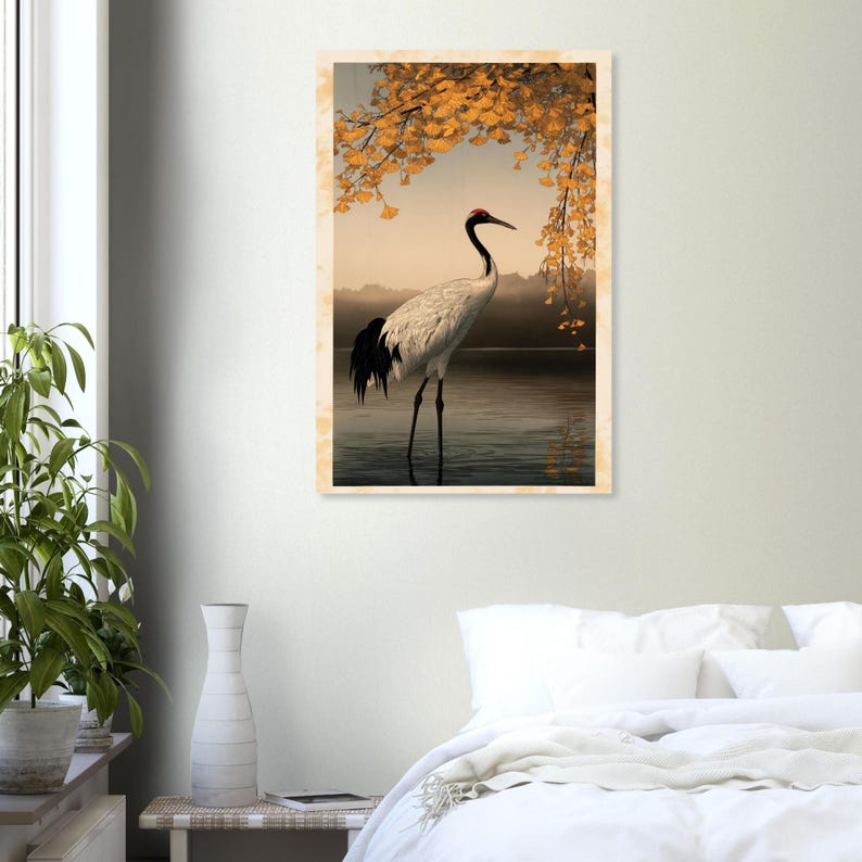 November Birth Flower Print, Ginkgo and Crane, Japanese Kachō-e Style Wall Art image 2