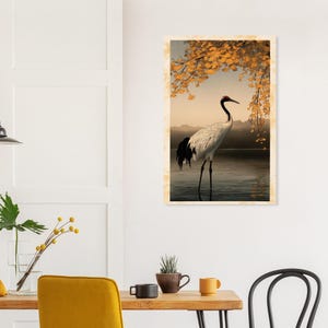 November Birth Flower Print, Ginkgo and Crane, Japanese Kachō-e Style Wall Art image 6
