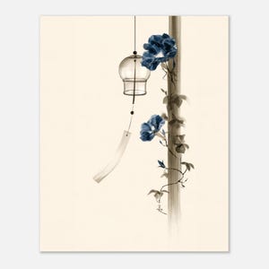 Windgong en Morning Glory print, Japanse Sumi-e stijl Japandi muurdecoratie afbeelding 3