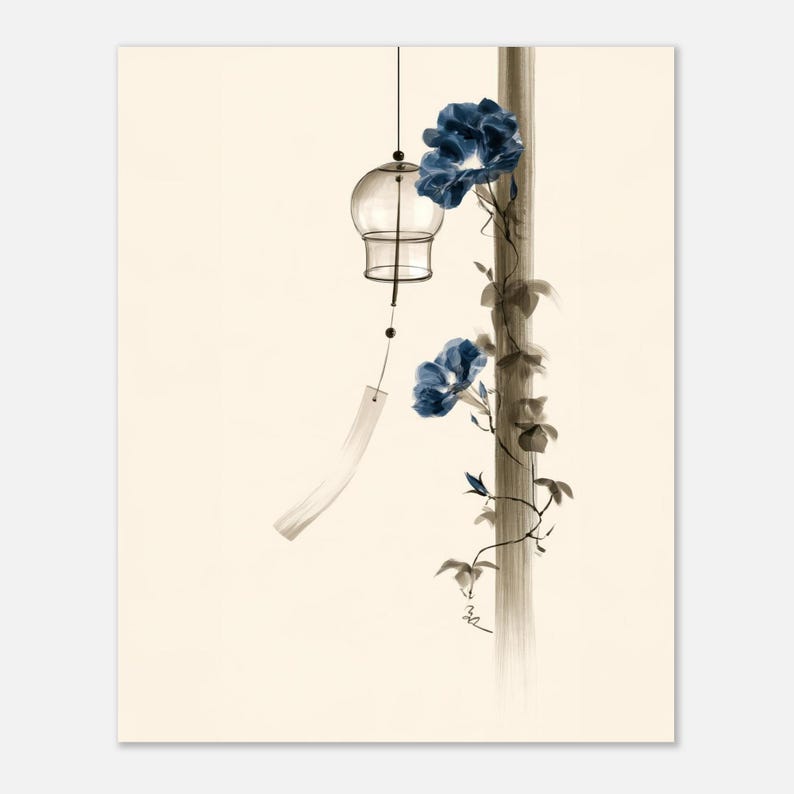 Windgong en Morning Glory print, Japanse Sumi-e stijl Japandi muurdecoratie afbeelding 3
