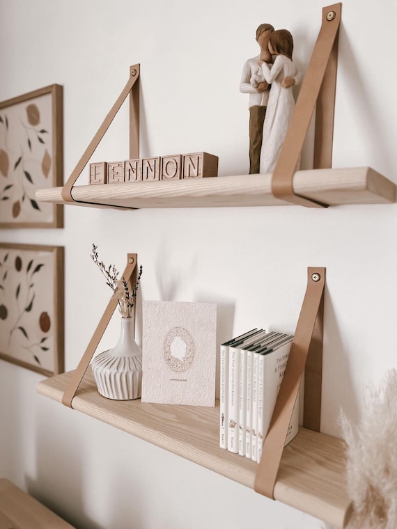 Hardwood Nursery Shelf with Leather Straps: Modern Floating Shelves