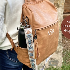 Personalized leather laptop backpack for women with strap, laptop bag with trolley sleeve, convertible backpack purse, laptop backpack purse