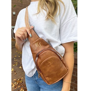 Personalized vegan leather sling bag with guitar strap, custom crossbody bag women, monogrammed sling bag for her, leather sling bag purse