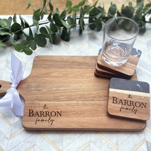 Custom charcuterie board personalized, custom wood coaster personalized cutting board and coaster set, couples gift, house warming gift set