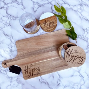 Personalized charcuterie board set with coaster and salt cellar, kitchen gift set cutting board set wood coaster, housewarming gift new home