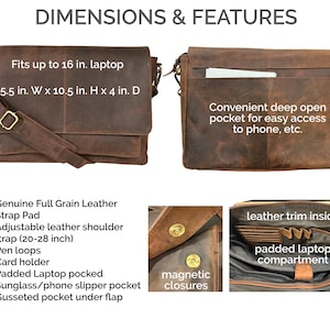 Pu&ograve; includere: Una borsa a tracolla in pelle marrone con tracolla regolabile, chiusure magnetiche e scomparto imbottito per laptop. Misura 39,37 cm L x 26,67 cm A x 10,16 cm P, pu&ograve; contenere un laptop da 40,64 cm e include portapenne e scomparti per carte.