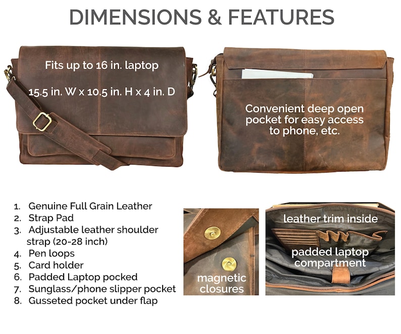 Pu&ograve; includere: Una borsa a tracolla in pelle marrone con tracolla regolabile, chiusure magnetiche e scomparto imbottito per laptop. Misura 39,37 cm L x 26,67 cm A x 10,16 cm P, pu&ograve; contenere un laptop da 40,64 cm e include portapenne e scomparti per carte.