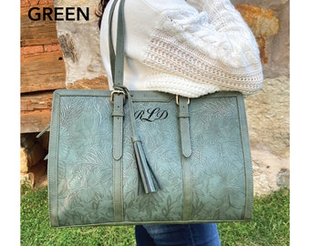 Personalized green leather laptop bag, floral embossed briefcase for women, leather laptop bag women, new job gift for her, promotion gift