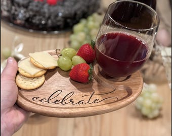 Appetizer plate set with wine holder, wine appetizer plate, cocktail plate set with wine glass holder, charcuterie board, couples gift