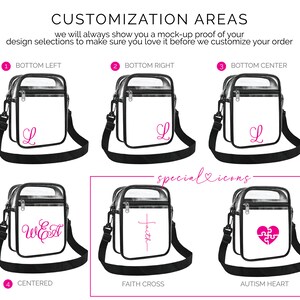 May include: A clear plastic crossbody bag with a black strap. The bag has a zipper closure and a clear front panel. The bag is shown in five different variations with different designs on the front panel. The designs include a pink letter L, the words "WE", a pink cross, and a pink puzzle piece heart. The text "special icons" is written in pink on a white background.