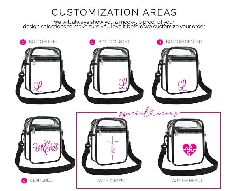 May include: A clear plastic crossbody bag with a black strap. The bag has a zipper closure and a clear front panel. The bag is shown in five different variations with different designs on the front panel. The designs include a pink letter L, the words "WE", a pink cross, and a pink puzzle piece heart. The text "special icons" is written in pink on a white background.