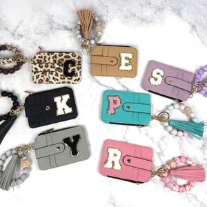 Personalized wristlet wallet with varsity letter keychain bracelet money holder stocking stuffer for teen girl gift under 20 for new driver