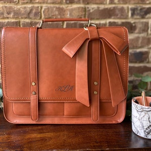 Monogrammed ladies leather laptop bag with bow. Brown vegan leather laptop bag for women with computer pocket. Tan leather laptop bag women. Personalized leather briefcase for women. Custom leather satchel for women. Women work bag for laptop