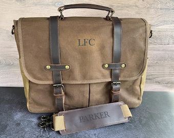 Personalized canvas laptop bag for men with real leather accent: messenger briefcase for men crossbody work satchel for husband gift idea