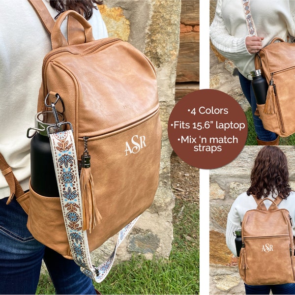 Personalized leather laptop backpack for women with strap, laptop bag with trolley sleeve, convertible backpack purse, laptop backpack purse