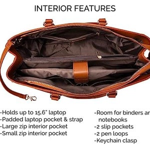 Interior features of 15.6 laptop bag for women.  Laptop tote bag with computer pocket. Work bag for women with padded computer compartment. Vegan leather laptop satchel for women. Personalized vegan leather messenger bag for women. Custom laptop bag