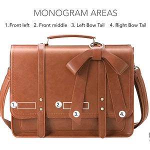 Customization areas on vegan leather laptop bag for women. Black and tan laptop bag for her with bow. Monogrammed work satchel with computer compartment women. Laser engraved leather satchel for her. Leather work briefcase for her with laptop pocket.