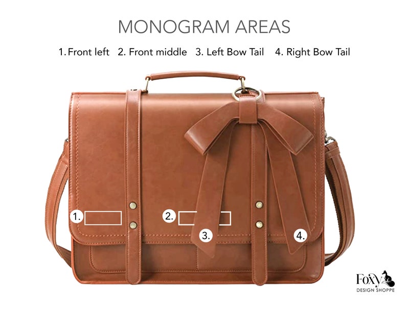 Personalization areas for monogrammed leather laptop bag for women. Custom leather briefcase with laptop compartment for women. Personalized leather office satchel for women with computer pocket for laptop. Leather messenger bag for women with bow.