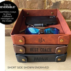 Personalized leather valet tray for men, custom engraved leather catchall for him, mens organizer tray, custom gift for dad husband grandpa