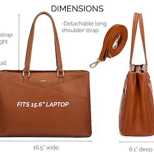 Exterior features of 15.6 laptop bag for women.  Laptop tote bag with computer pocket shoulder strap. Leather work bag for women with padded computer compartment. Brown vegan leather laptop satchel for women. Custom leather messenger bag for women.