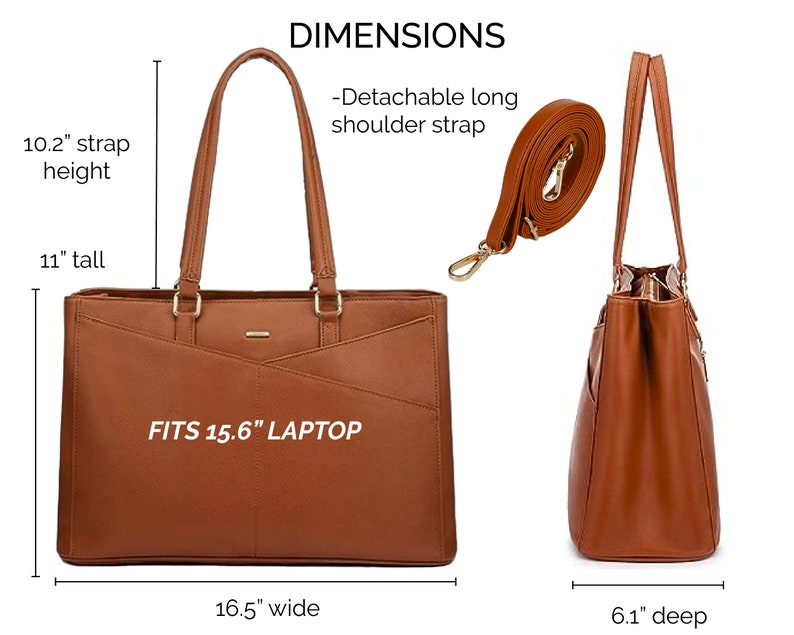 Exterior features of 15.6 laptop bag for women.  Laptop tote bag with computer pocket shoulder strap. Leather work bag for women with padded computer compartment. Brown vegan leather laptop satchel for women. Custom leather messenger bag for women.