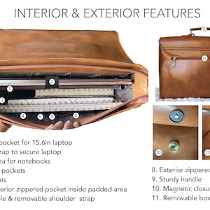 Interior features of customizable leather briefcase for woman. Leather laptop bag for woman features padded computer compartment. Brown leather messenger bag for her features removable bow, magnetic snaps. Customized briefcase for professional woman