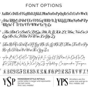 May include: A graphic showing six different font styles for lettering. The fonts are shown with the alphabet in uppercase and lowercase. The image also shows two examples of how to use the fonts for monograms. The first example shows the last name in a larger font size and the first and middle names in a smaller font size. The second example shows all three letters in the same font size.