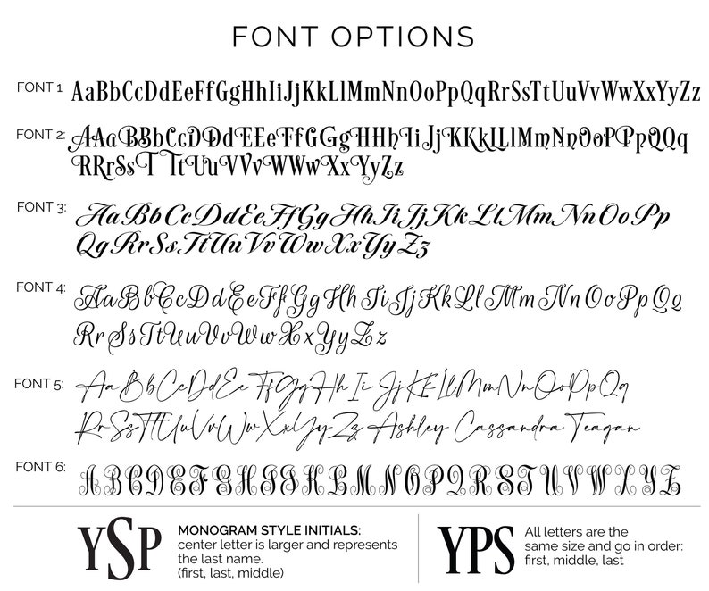 May include: A graphic showing six different font styles for lettering. The fonts are shown with the alphabet in uppercase and lowercase. The image also shows two examples of how to use the fonts for monograms. The first example shows the last name in a larger font size and the first and middle names in a smaller font size. The second example shows all three letters in the same font size.