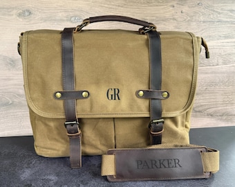 Personalized canvas laptop bag for men with real leather details: messenger briefcase for men crossbody work satchel for husband gift idea