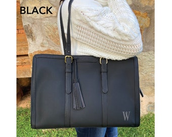 Personalized black leather laptop bag for women, 16 inch laptop briefcase for women, graduation gift for her, new job gift, promotion gift