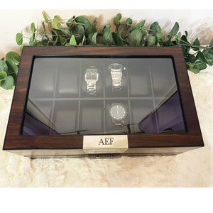 12 watch display case for men. Personalized watch storage box with accessory drawer. Walnut finished wood watch box. Custom gift for husband. Fathers day gift. Gift for groom. Anniversary gift for him. Graduation gift for son. Birthday gift for him.