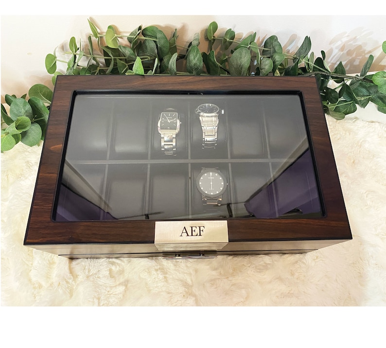 12 watch display case for men. Personalized watch storage box with accessory drawer. Walnut finished wood watch box. Custom gift for husband. Fathers day gift. Gift for groom. Anniversary gift for him. Graduation gift for son. Birthday gift for him.