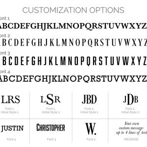 Puede incluir: Una tabla en blanco y negro titulada CUSTOMIZATION OPTIONS que muestra cuatro estilos de fuente alfab&eacute;tica distintos etiquetados del Font 1 al Font 4. Abajo, ejemplos muestran iniciales LRS, LSR, JBD, JDB, nombres JUSTIN, CHRISTOPHER, W. y texto personalizado.
