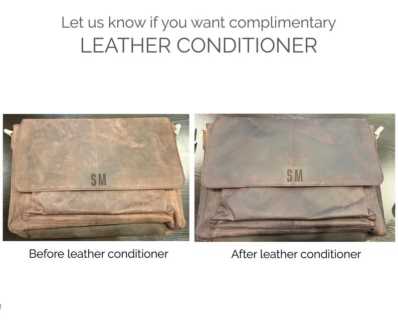Pu&ograve; includere: Una borsa a tracolla in pelle marrone con le iniziali SM impresse sulla patta anteriore, mostrata in un confronto fianco a fianco etichettato Before leather conditioner e After leather conditioner, con il testo Let us know if you want complimentary LEATHER CONDITIONER.