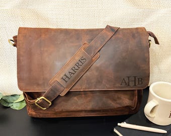 Bolso bandolera de cuero marrón personalizado para portátil de hombre: computadora de 16 pulgadas, cuero de grano completo, maletín para nuevo trabajo, regalo de graduación para él