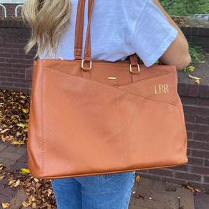 Brown vegan leather laptop bag for woman. Monogrammed leather laptop tote for woman. Personalized tan leather laptop satchel for woman. Work bag for woman with computer compartment. Carry-on tote bag for women with big pockets. Custom gift for her