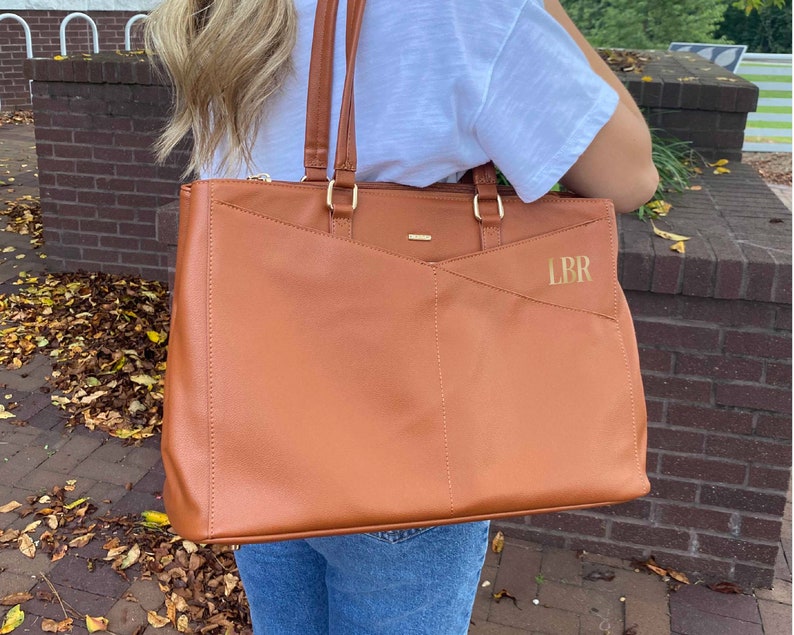 Brown vegan leather laptop bag for woman. Monogrammed leather laptop tote for woman. Personalized tan leather laptop satchel for woman. Work bag for woman with computer compartment. Carry-on tote bag for women with big pockets. Custom gift for her