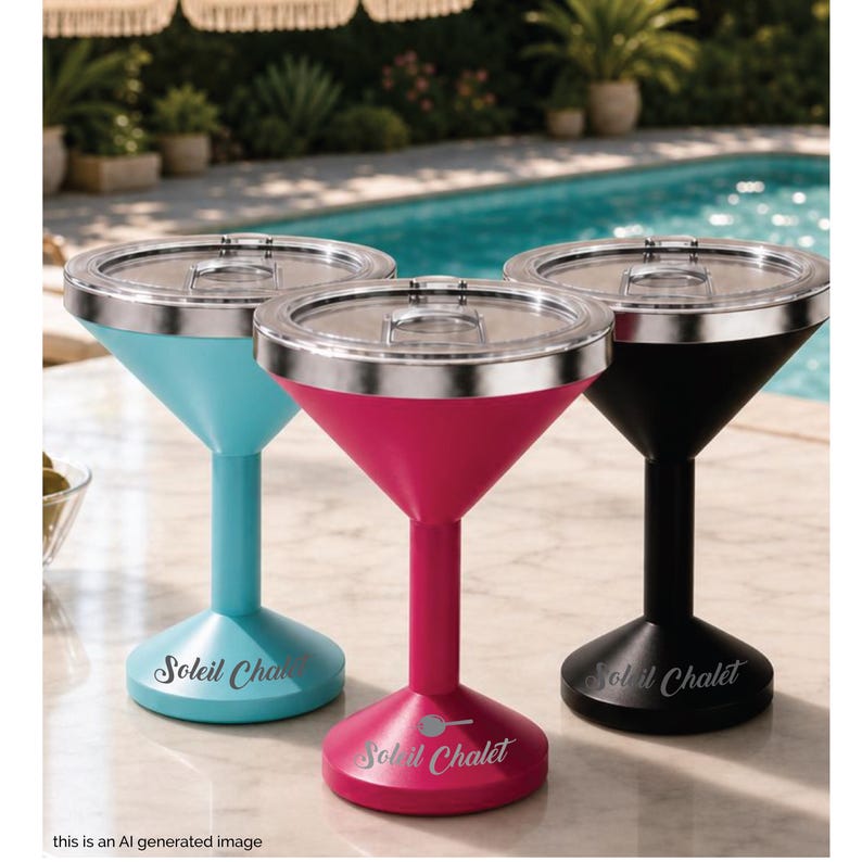 May include: Three martini-style tumblers with clear lids, featuring a light blue, a magenta, and a black vessel. Each tumbler has a cylindrical stem, a wide base, and the text Soleil Chalet printed in white on the base, with a martini icon.