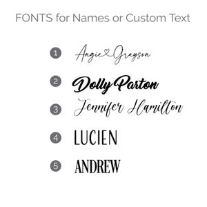 May include: A list of five font options for names or custom text, labeled one through five in grey circles. The text displays the names Angie & Grayson, Dolly Parton, Jennifer Hamilton, LUCIEN, and ANDREW in various black script and serif fonts.
