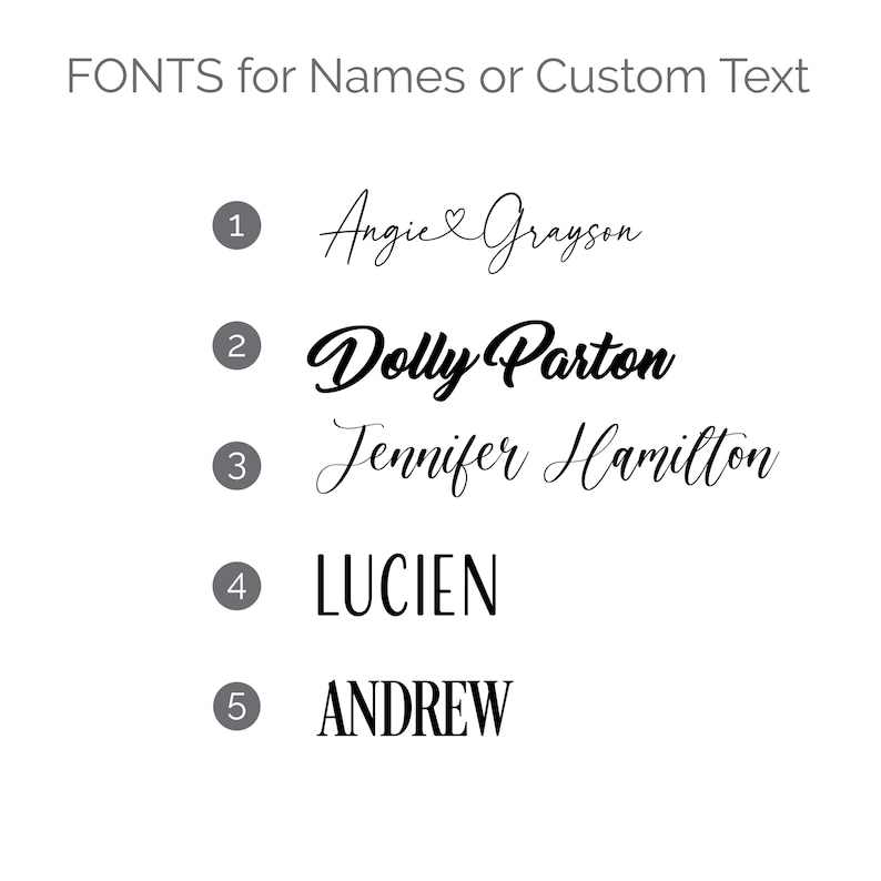 May include: A list of five font options for names or custom text, labeled one through five in grey circles. The text displays the names Angie & Grayson, Dolly Parton, Jennifer Hamilton, LUCIEN, and ANDREW in various black script and serif fonts.