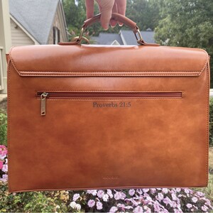 Brown leather laptop bag for woman with Bible proverb on the back. Customized leather briefcase for her. Personalized leather briefcase with bow accent. Light brown vegan leather messenger bag for woman. Briefcase with padded laptop compartment woman