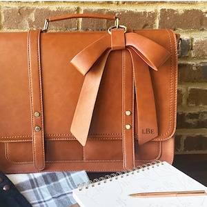 Vegan leather laptop bag for women. Brown leather laptop bag for women with bow accent. Ladies work briefcase with computer compartment. Work satchel for women. Custom graduation gift for woman. Custom new job gift for woman. Promotion gift for her.