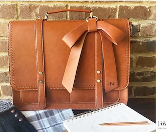 Personalized brown leather laptop bag, monogram leather laptop bag, leather laptop bag for women, women's vegan leather satchel for laptop