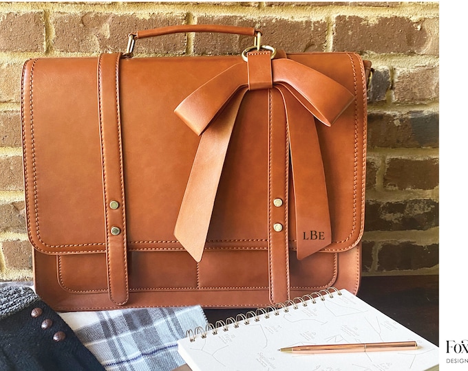 Personalized leather laptop bag briefcase for women: fits 15.6 or 16 inch computer