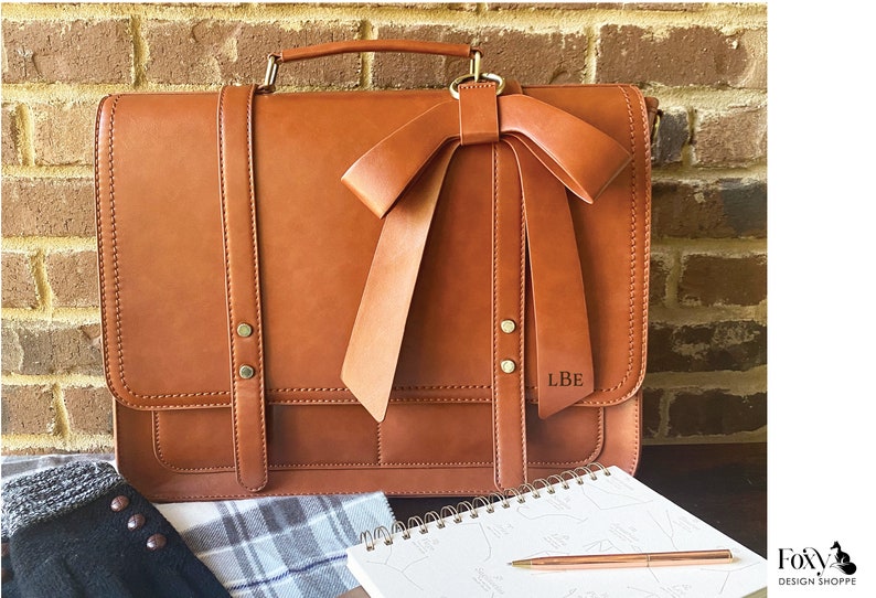 Vegan leather laptop bag for women. Brown leather laptop bag for women with bow accent. Ladies work briefcase with computer compartment. Work satchel for women. Custom graduation gift for woman. Custom new job gift for woman. Promotion gift for her.