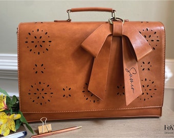 Personalized brown leather laptop bag, monogram leather laptop bag, leather laptop bag for women, women's vegan leather laptop bag with bow