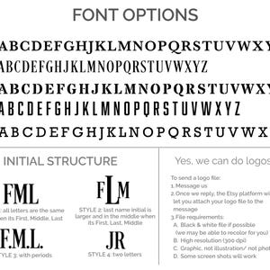 Pu&ograve; includere: Un grafico in bianco e nero che mostra cinque opzioni di carattere numerate dalla A alla Z, seguito da una guida alla struttura delle iniziali che mostra quattro stili etichettati FML, FLM, F.M.L. e JR, oltre alle istruzioni per inviare file logo in bianco e nero.