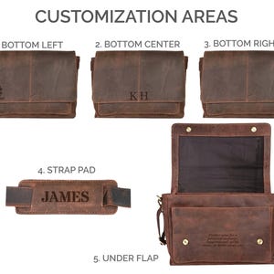 Pu&ograve; includere: Una borsa a tracolla in pelle marrone che mostra cinque aree di personalizzazione. La borsa presenta opzioni di testo inciso in basso a sinistra, al centro e a destra della patta, una spallina personalizzata con il nome JAMES e sotto la patta.